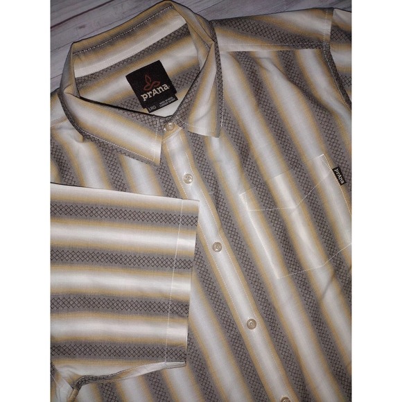 PrAna Mens Short Sleeve Button Up Brown White Stripe Shirt Large - Picture 1 of 6